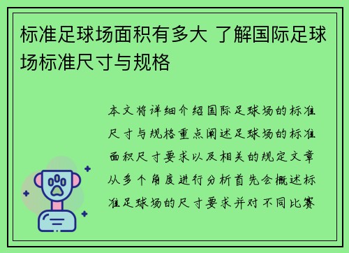 标准足球场面积有多大 了解国际足球场标准尺寸与规格