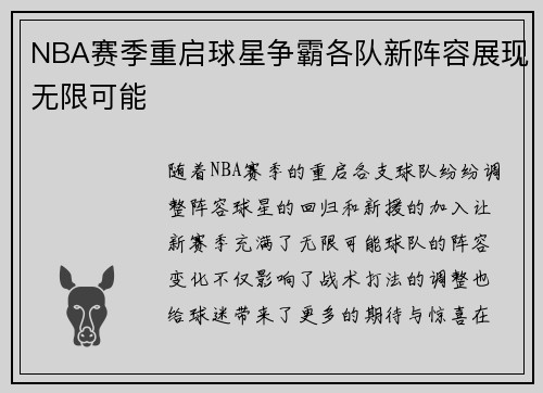 NBA赛季重启球星争霸各队新阵容展现无限可能