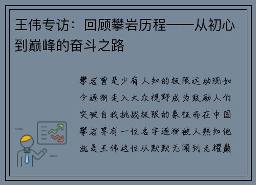王伟专访：回顾攀岩历程——从初心到巅峰的奋斗之路