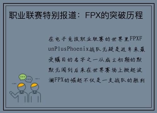 职业联赛特别报道：FPX的突破历程